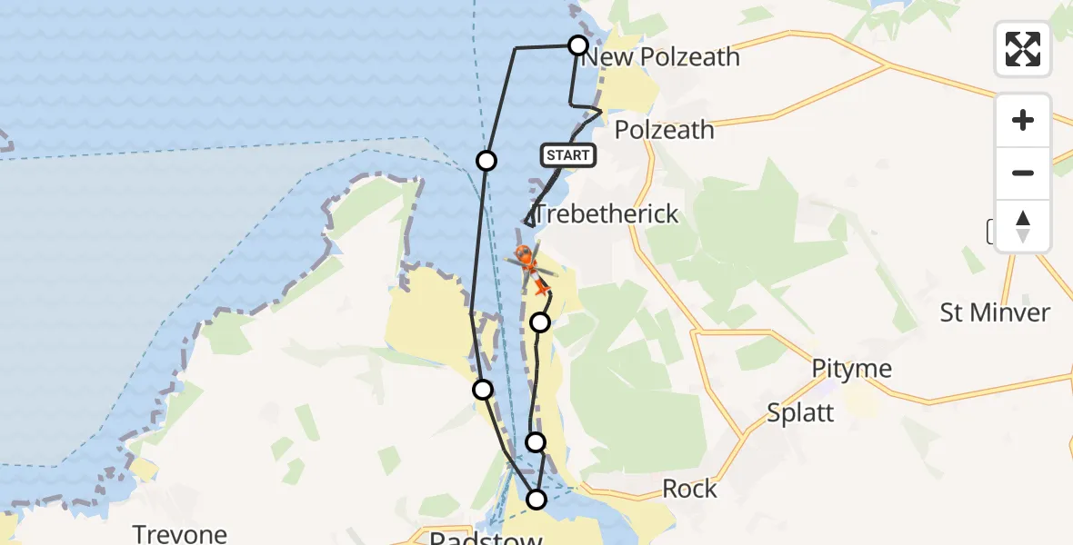 Flight path map showing Coastguard Helicopter route from Trebetherick to Trebetherick