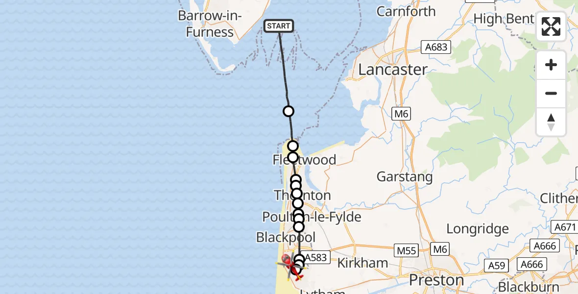 Flight path map showing Air Ambulance Helicopter route from Aldingham to Blackpool Airport