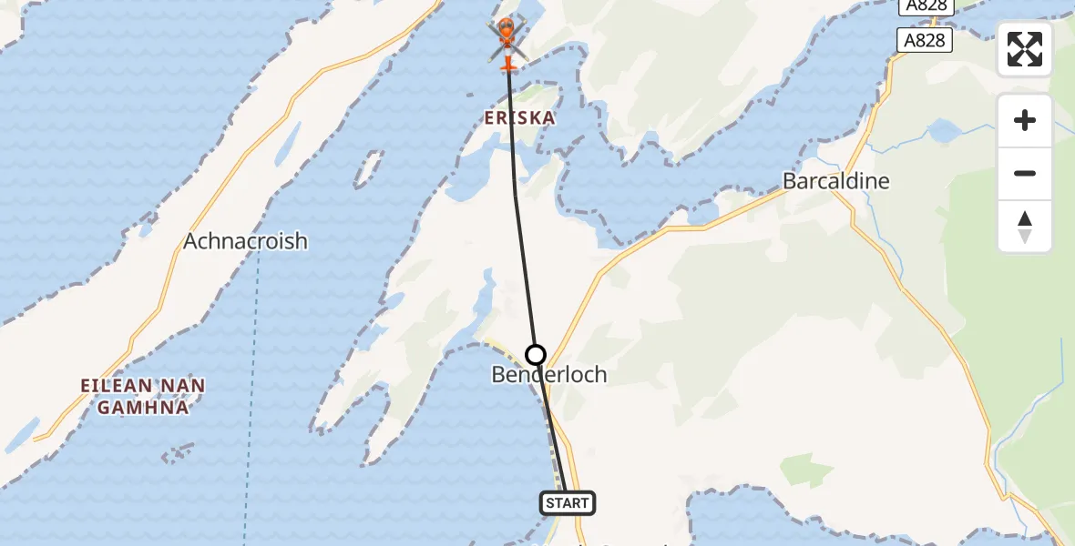 Flight path map showing Coastguard Helicopter route from Oban Airport to Inner Seas