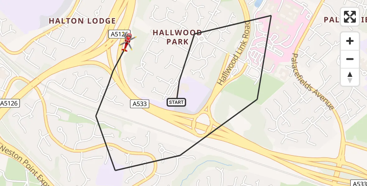 Flight path map showing Air Ambulance Helicopter route from Runcorn to Runcorn