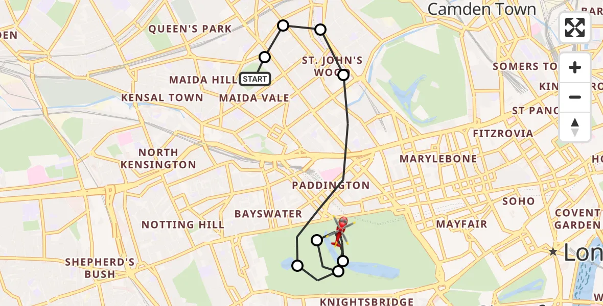 Flight path map showing Air Ambulance Helicopter route from City of Westminster to City of Westminster