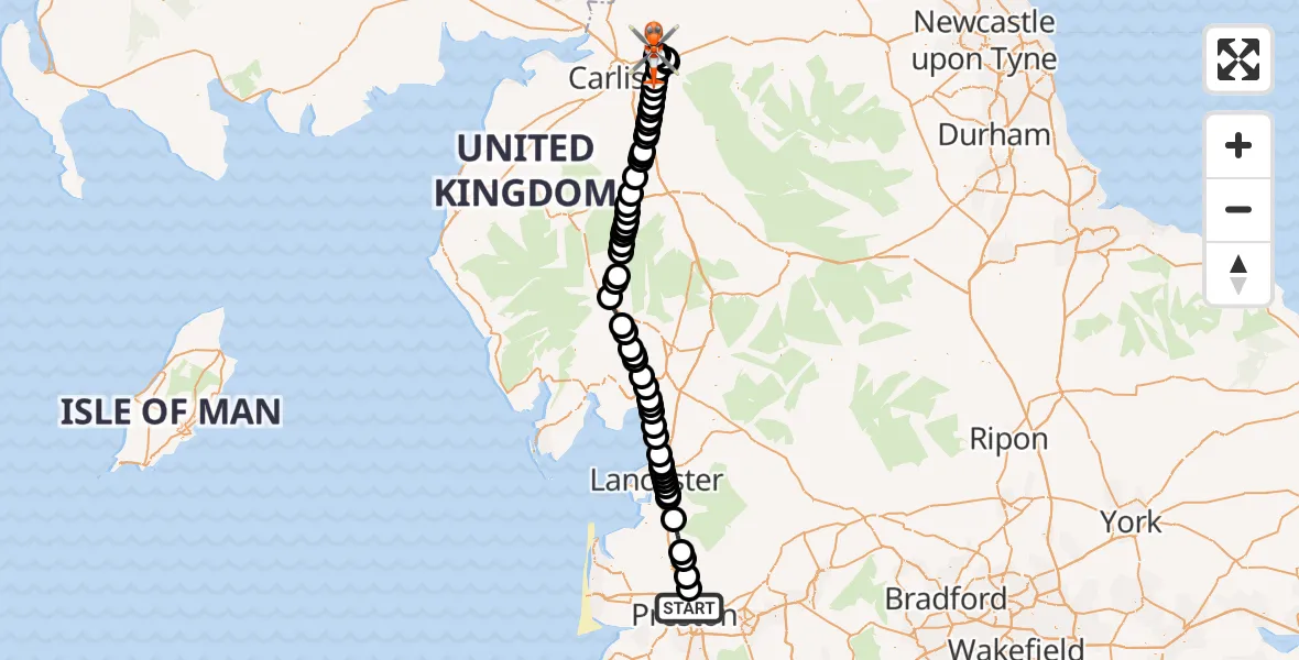 Flight path map showing Coastguard Helicopter route from Preston to Carlisle Lake District Airport