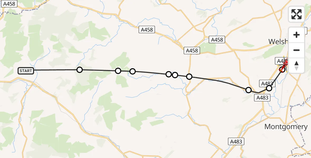 Flight path map showing Air Ambulance Helicopter route from Llanbrynmair to Welshpool Airport
