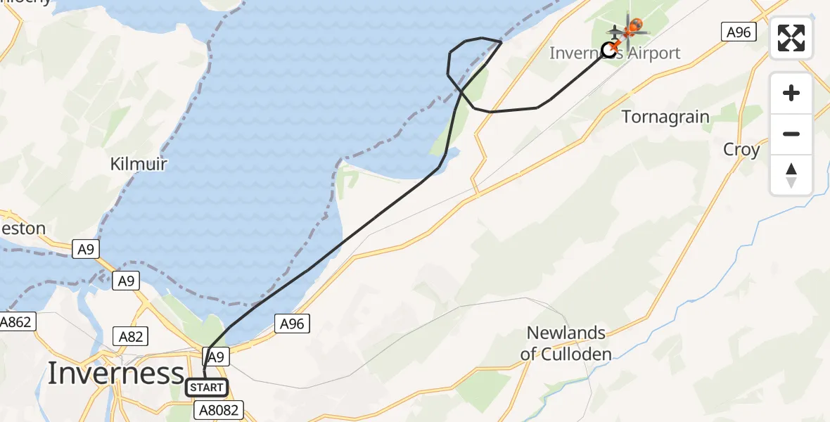 Flight path map showing Coastguard Helicopter route from Inverness to Inverness Airport