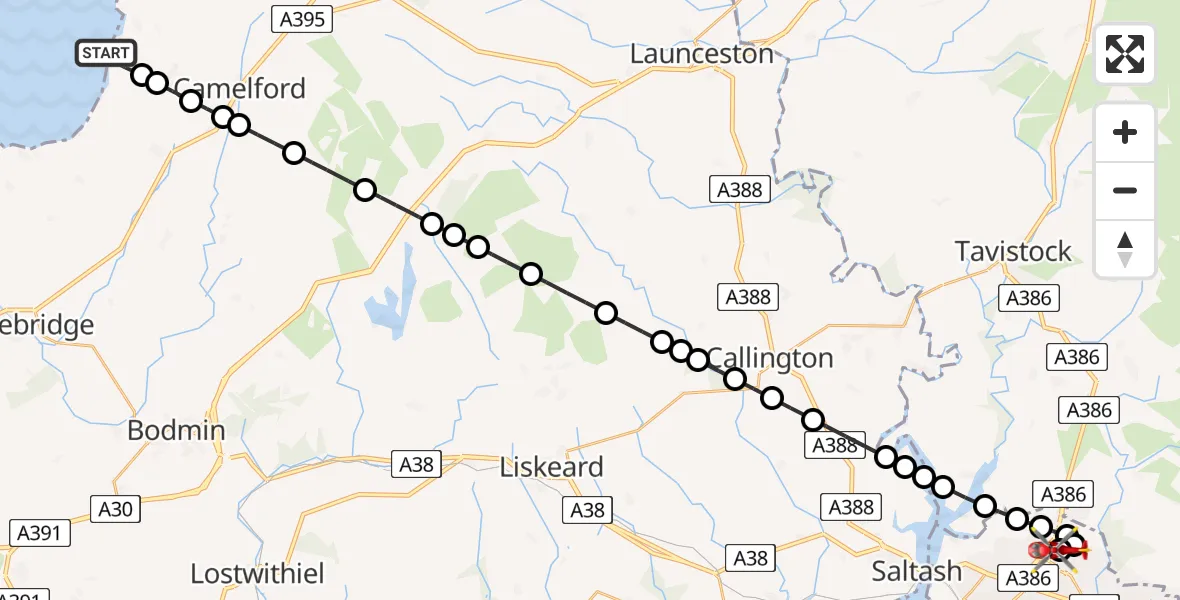 Flight path map showing Air Ambulance Helicopter route from Treknow to Derriford Hospital