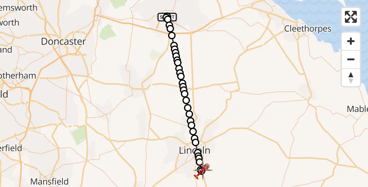 Flight path map showing Air Ambulance Helicopter route from Scunthorpe Hospital to North Kesteven