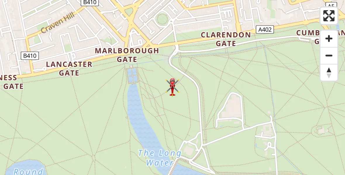 Flight path map showing Air Ambulance Helicopter route from City of Westminster to City of Westminster