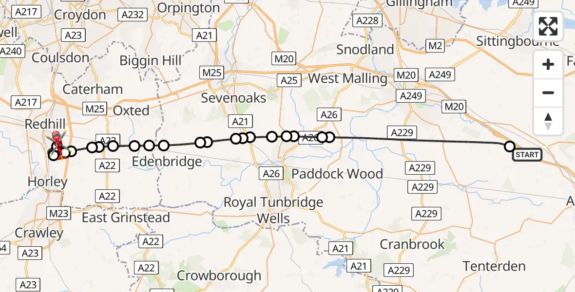 Flight path map showing Air Ambulance Helicopter route from Ashford to Redhill Aerodrome