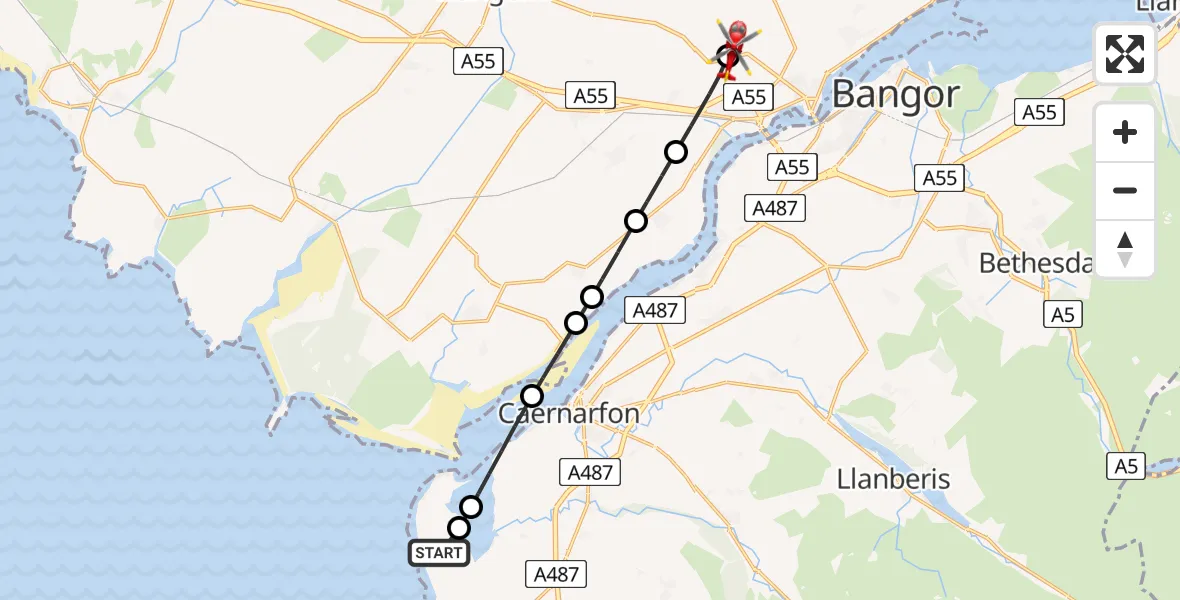 Flight path map showing Air Ambulance Helicopter route from Caernarfon Airport to Star