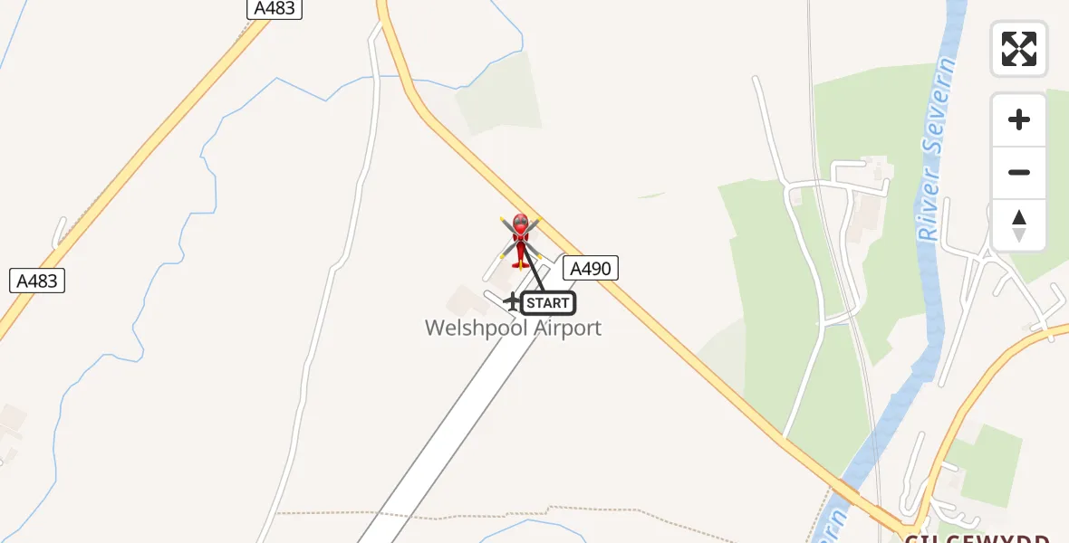 Flight path map showing Air Ambulance Helicopter route from Welshpool Airport to Welshpool Airport