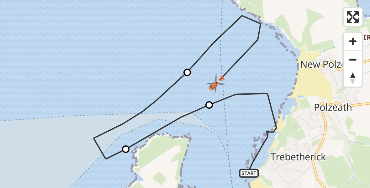 Flight path map showing Coastguard Helicopter route from Trebetherick to New Polzeath