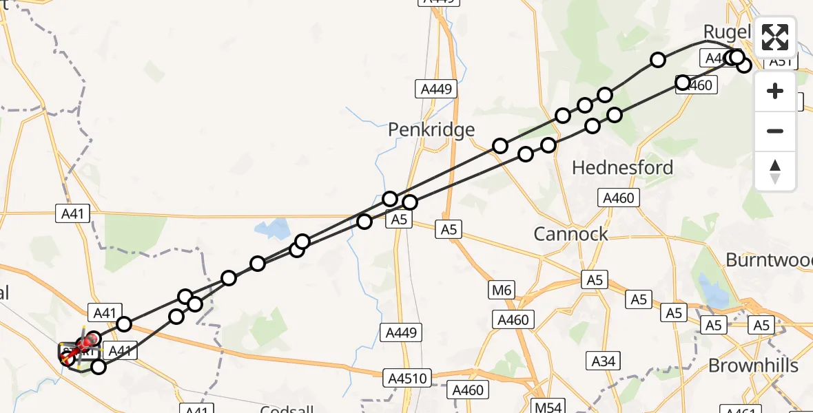 Flight path map showing Air Ambulance Helicopter route from RAF Cosford to Cosford