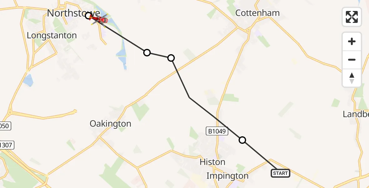Flight path map showing Air Ambulance Helicopter route from Impington to Northstowe