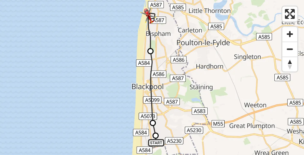 Flight path map showing Air Ambulance Helicopter route from Blackpool Airport to Bispham