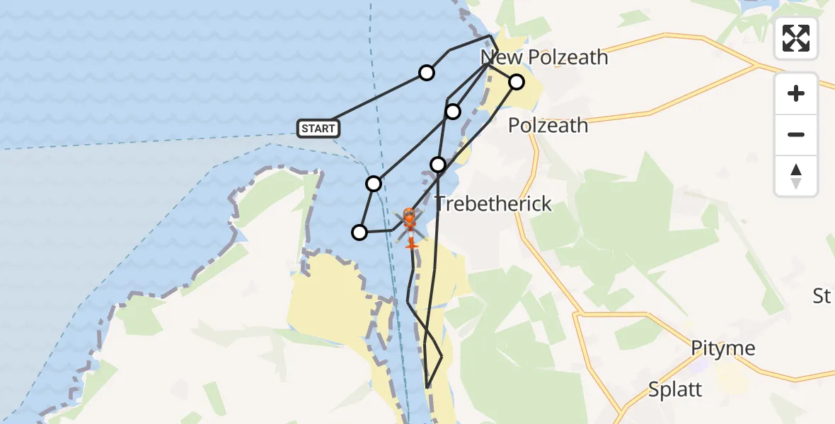 Flight path map showing Coastguard Helicopter route from Padstow to Trebetherick