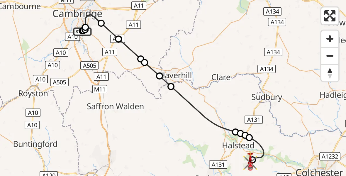 Flight path map showing Air Ambulance Helicopter route from Papworth Hospital to Earls Colne Airfield