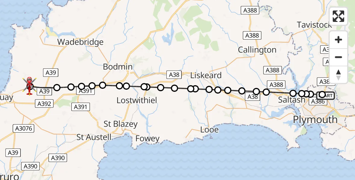 Flight path map showing Air Ambulance Helicopter route from Derriford Hospital to Cornwall Airport Newquay