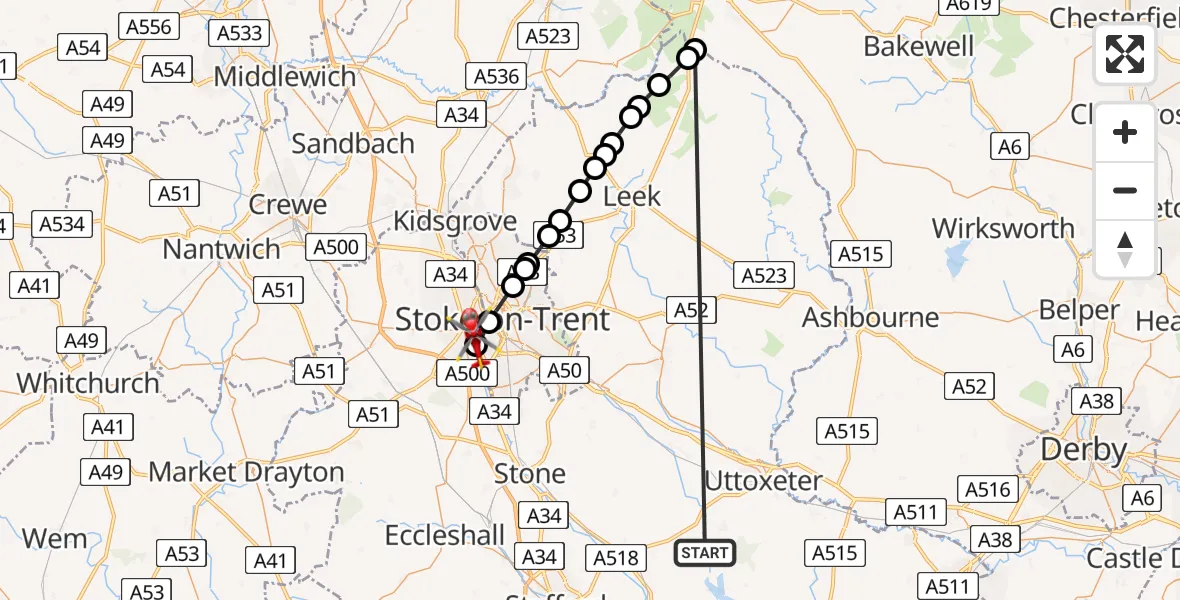 Flight path map showing Air Ambulance Helicopter route from Kingstone to Stoke