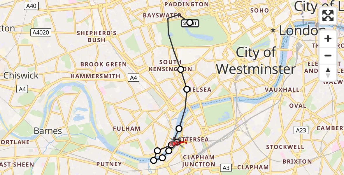 Flight path map showing Air Ambulance Helicopter route from City of Westminster to London Heliport