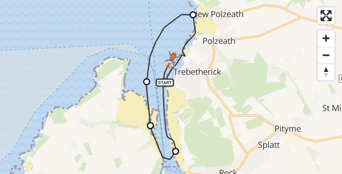 Flight path map showing Coastguard Helicopter route from Trebetherick to Trebetherick