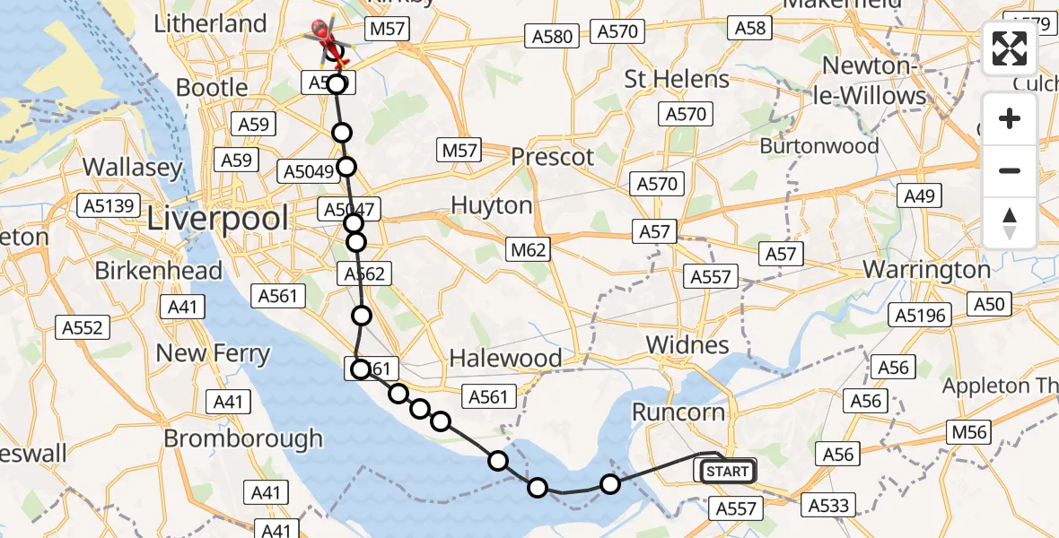 Routekaart van de vlucht: Air Ambulance Helicopter to Aintree University Hospital Heliport