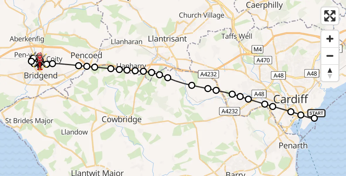 Flight path map showing Air Ambulance Helicopter route from Cardiff Heliport to Bridgend