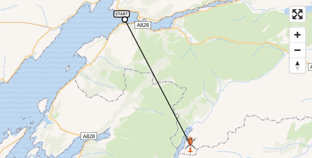 Flight path map showing Coastguard Helicopter route from Onich to Highland