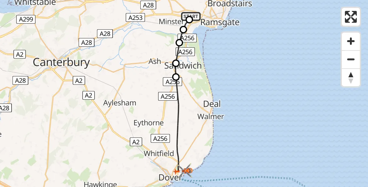 Flight path map showing Coastguard Helicopter route from Manston Airport to Dover