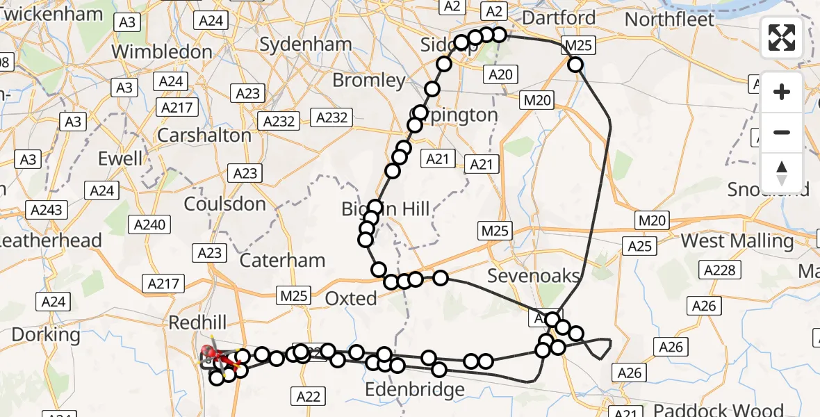 Flight path map showing Air Ambulance Helicopter route from Redhill Aerodrome to Redhill Aerodrome