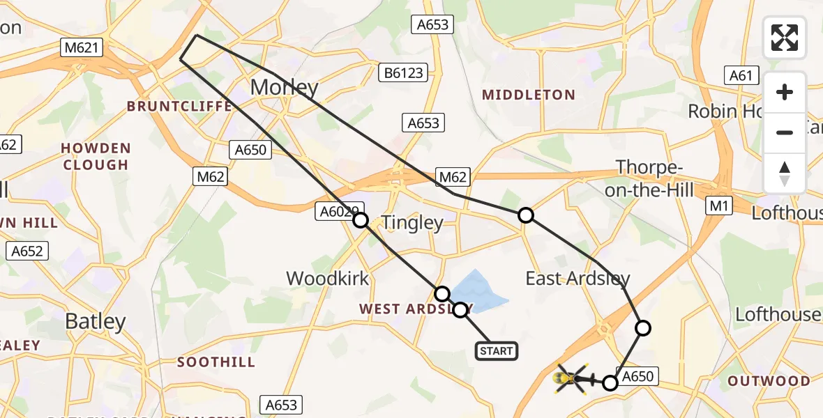 Flight path map showing Police Helicopter route from East Ardsley to Wrenthorpe