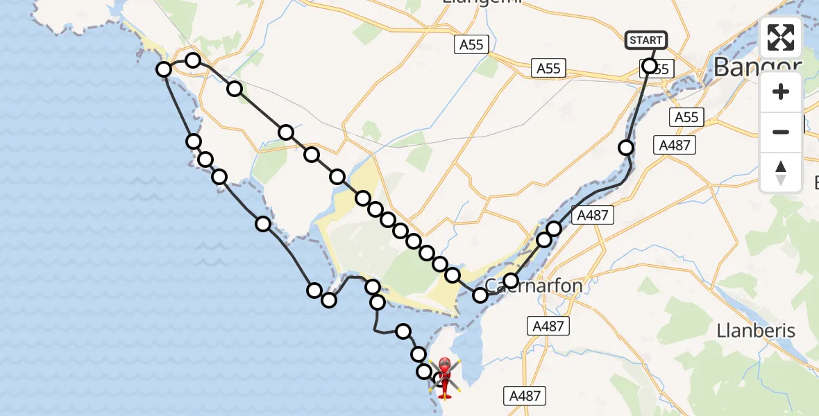 Flight path map showing Air Ambulance Helicopter route from Menai Bridge to Caernarfon Airport