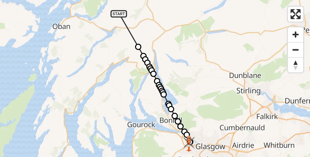 Flight path map showing Coastguard Helicopter route from Lairig Dhoireann to Glasgow Airport