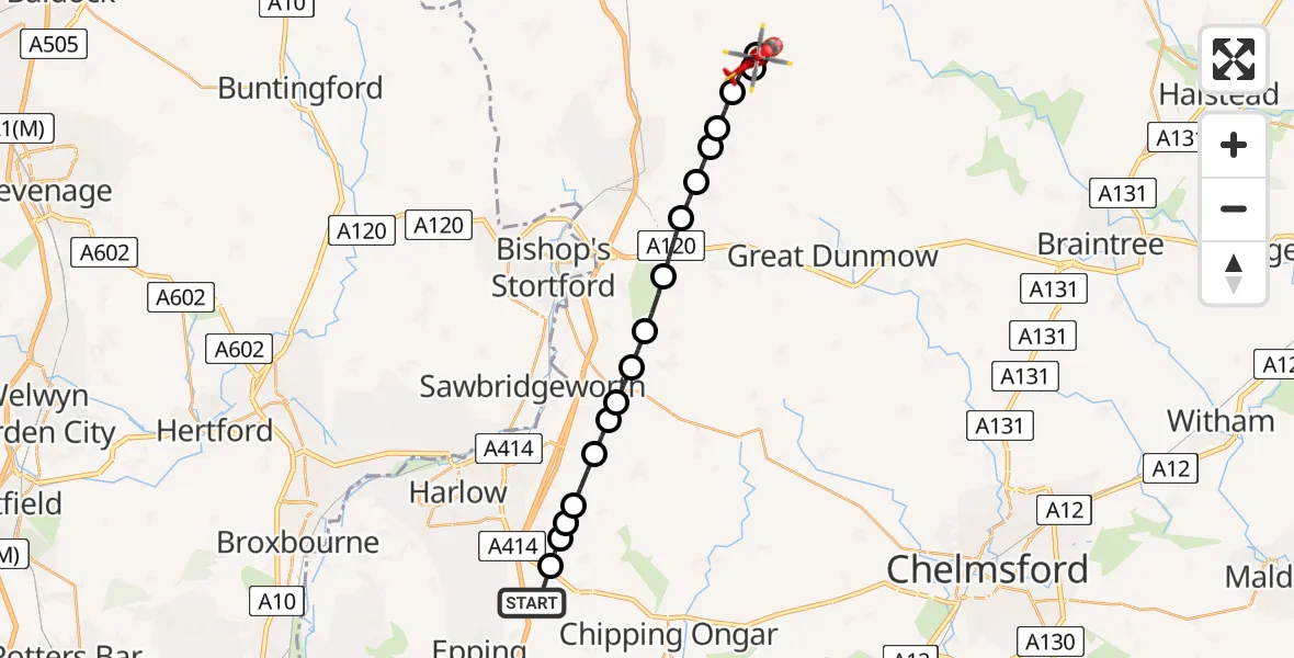 Flight path map showing Air Ambulance Helicopter route from North Weald Airfield to Uttlesford