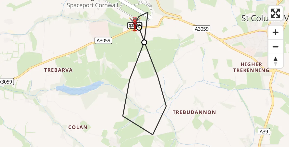 Flight path map showing Air Ambulance Helicopter route from Cornwall Airport Newquay to Cornwall Airport Newquay