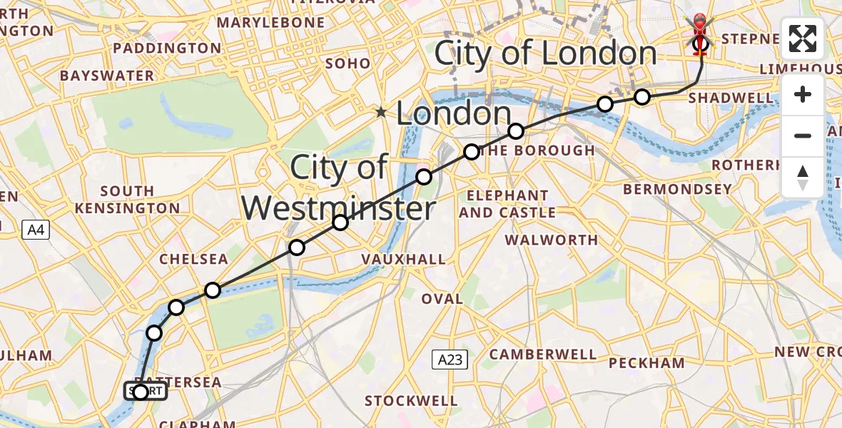 Flight path map showing Air Ambulance Helicopter route from London Heliport to Royal London Hospital