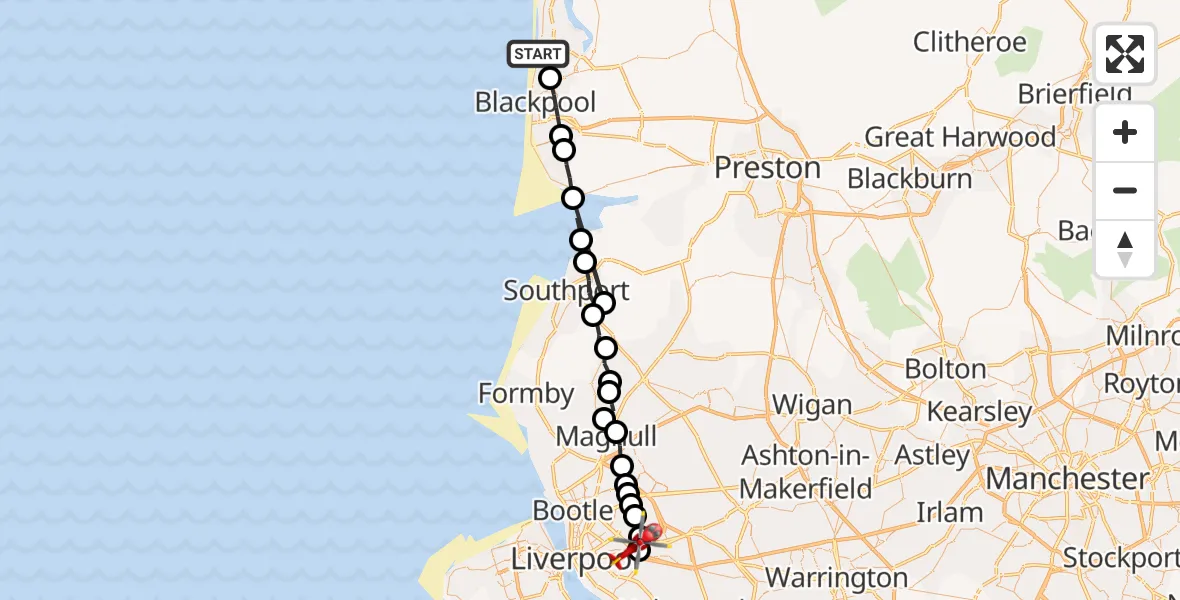 Flight path map showing Air Ambulance Helicopter route from Bispham to Knotty Ash
