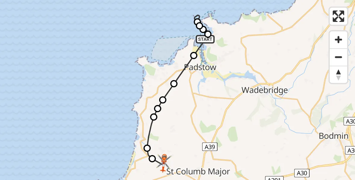 Flight path map showing Coastguard Helicopter route from Trebetherick to Cornwall Airport Newquay