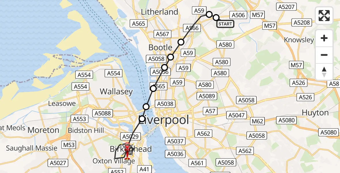 Flight path map showing Air Ambulance Helicopter route from Aintree University Hospital Heliport to Birkenhead