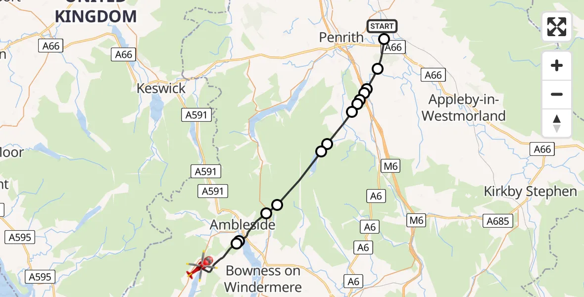 Flight path map showing Air Ambulance Helicopter route from Edenhall to Coniston