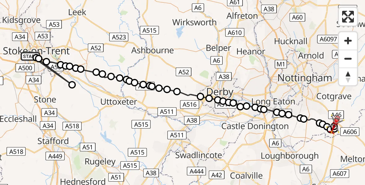Flight path map showing Air Ambulance Helicopter route from Stoke to Rushcliffe