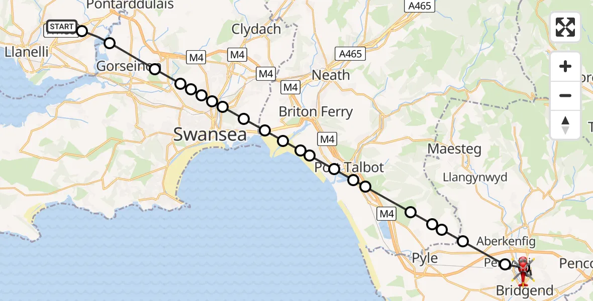Flight path map showing Air Ambulance Helicopter route from Dafen to Bridgend