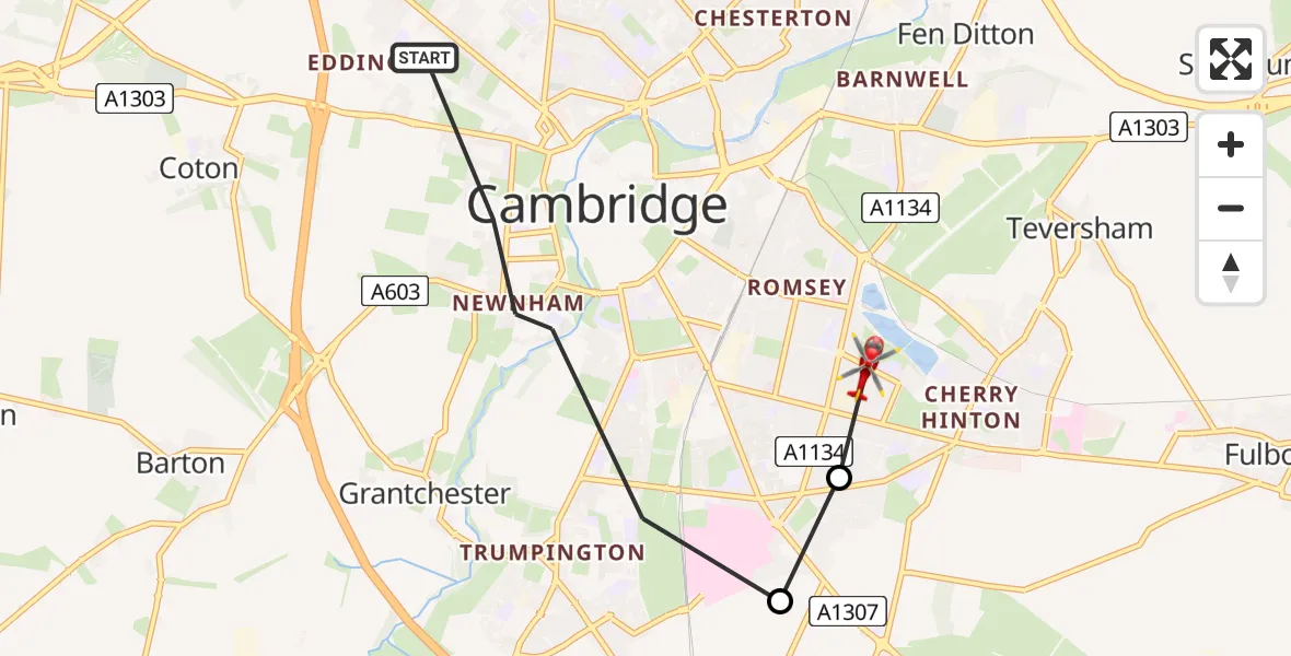 Flight path map showing Air Ambulance Helicopter route from Cambridge to Cambridge