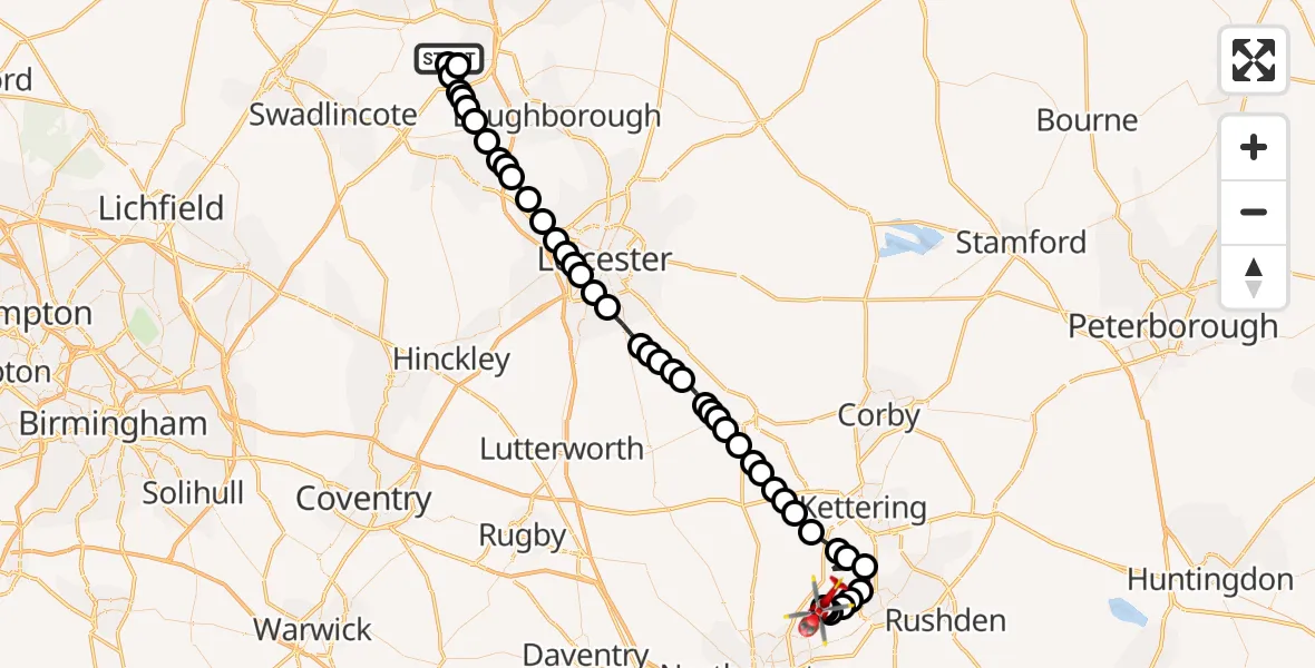 Flight path map showing Air Ambulance Helicopter route from Isley Walton to Sywell Aerodrome