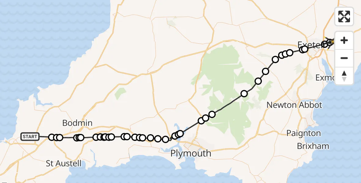 Flight path map showing Police Helicopter route from St. Columb Major to Exeter International Airport