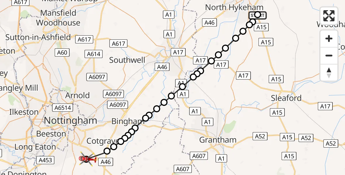Flight path map showing Air Ambulance Helicopter route from RAF Waddington to Keyworth