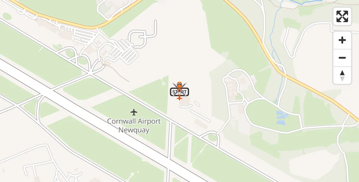 Flight path map showing Coastguard Helicopter route from Cornwall Airport Newquay to Cornwall Airport Newquay