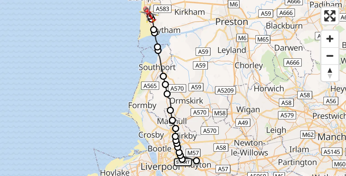Flight path map showing Air Ambulance Helicopter route from Knotty Ash to Blackpool Airport