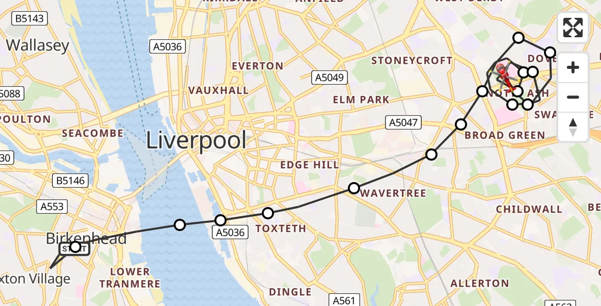 Flight path map showing Air Ambulance Helicopter route from Birkenhead to Knotty Ash