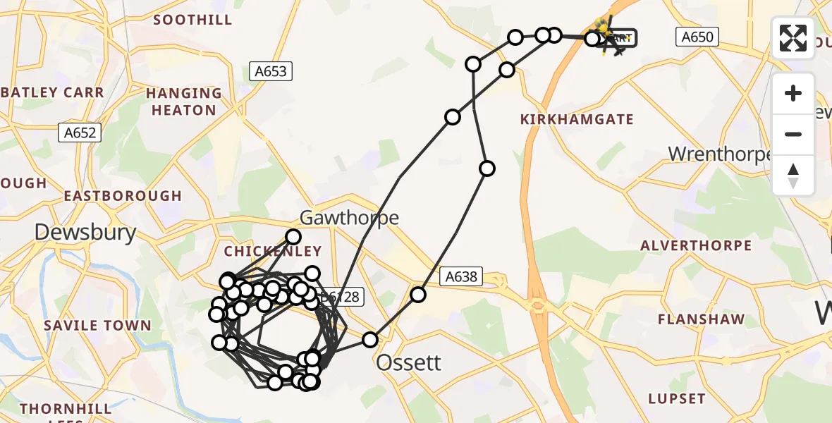 Flight path map showing Police Helicopter route from East Ardsley to Wrenthorpe