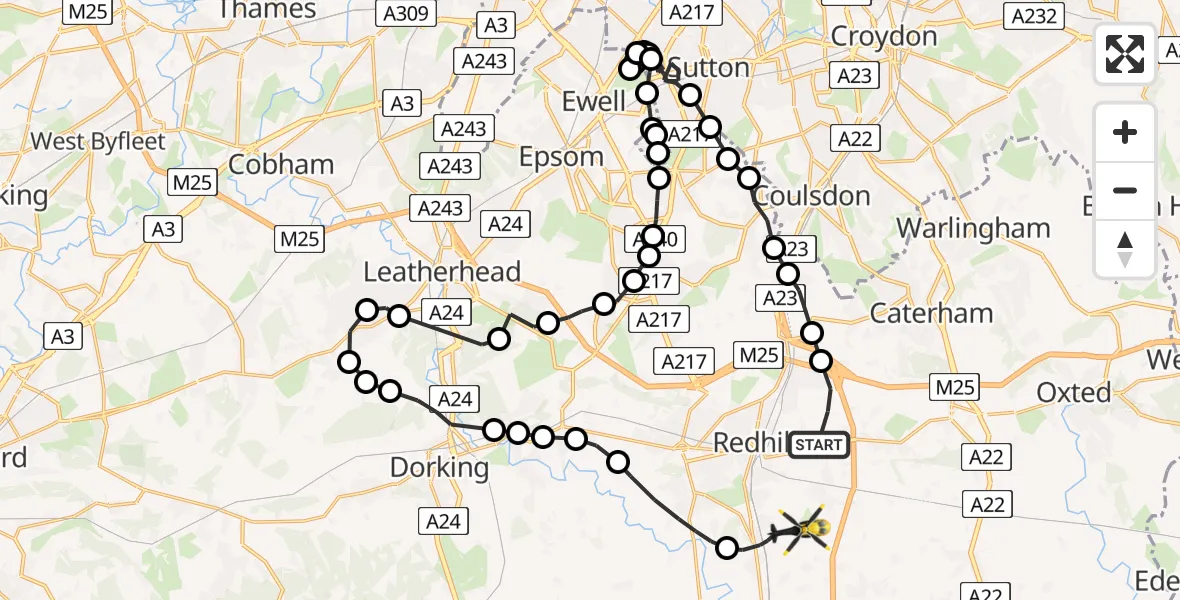 Flight path map showing Police Helicopter route from Nutfield to Redhill Aerodrome